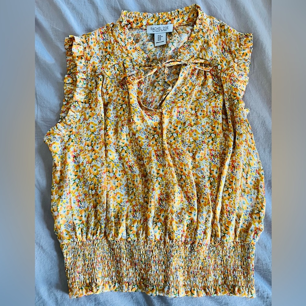 Rachel Zoe Floral Yellow and Orange Top with gold threads size M